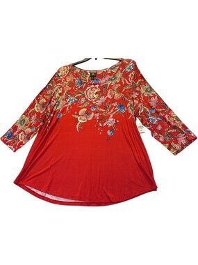 JM Collection Womens Size 3X Red Floral Print Tunic Top 3/4 Sleeve